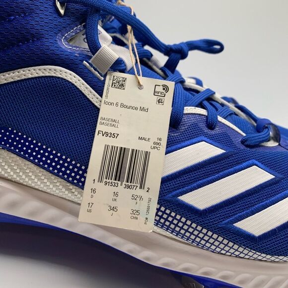 Adidas Icon 6 Bounce Mid Mens Metal Baseball Cleats Blue White FV9357 NEW Sz 17 - Picture 2 of 9